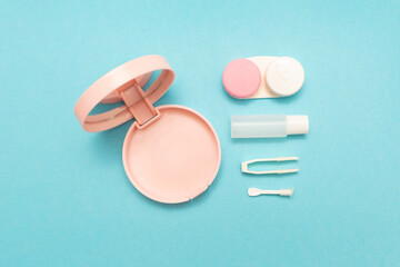 Travel kit for contact lenses and accessories for care. Compliance with hygiene. Copy space. Text.