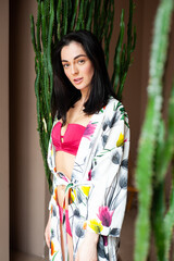 Fototapeta premium Portrait of beautiful glamor brunette teenager model in summer hipster clothes