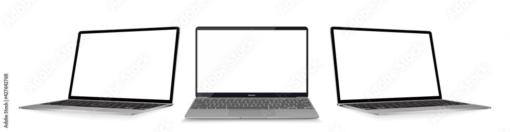 Wall mural Set of vector laptops with blank screen isolated on white background. Perspective and front view with blank screen.