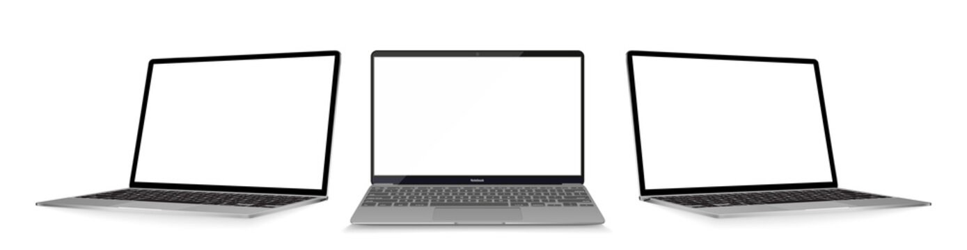 Set of vector laptops with blank screen isolated on white background. Perspective and front view with blank screen.
