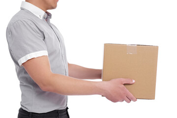 side view close up of a man giving box isolated on white background.