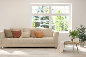 White living room with sofa and summer landscape in window. Scandinavian interior design. 3D illustration