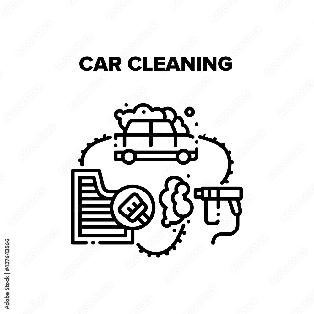 Poster Car Cleaning Vector Icon Concept. Car Cleaning Service Washing Body With Spraying Equipment And Foam, Cleaning Carpet And Salon With Brush. Wash Automobile Business Black Illustration