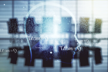 Abstract virtual artificial Intelligence interface with human head hologram on a modern conference room background. Multiexposure
