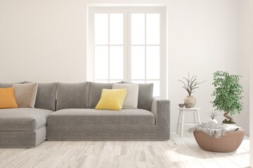 White living room with sofa. Scandinavian interior design. 3D illustration