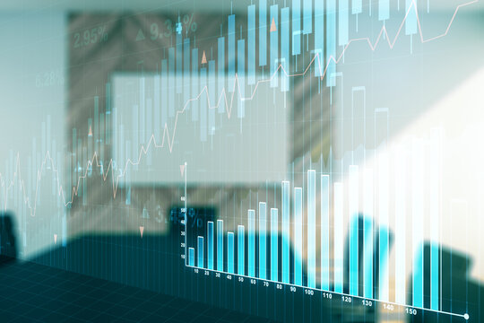 Abstract virtual financial graph hologram on a modern furnished classroom background, financial and trading concept. Multiexposure