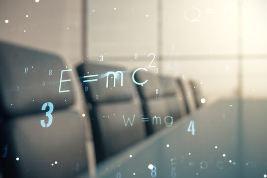 Double exposure of scientific formula hologram on a modern meeting room background, research and development concept