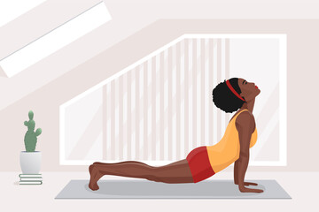 african american woman doing yoga exercises, practicing stretching on mat in yoga studio or home. vector illustration