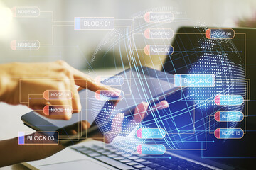 Multi exposure of abstract graphic coding sketch with world map and hand working with a digital tablet on background, big data and networking concept