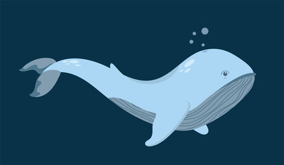 A large whale swims underwater while in motion. A graphic element of summer or marine design. Vector illustration in cartoon style. Isolated object on a dark background.