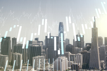 Fototapeta na wymiar Double exposure of virtual creative financial diagram on San Francisco office buildings background, banking and accounting concept