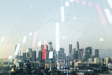 Multi exposure of virtual abstract financial graph hologram and world map on Los Angeles cityscape background, financial and trading concept
