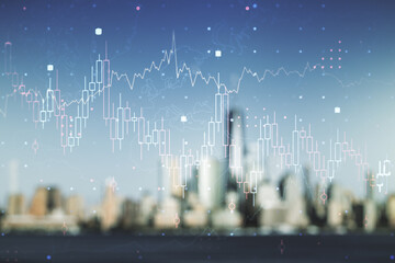 Multi exposure of virtual abstract financial graph interface on blurry skyscrapers background, financial and trading concept