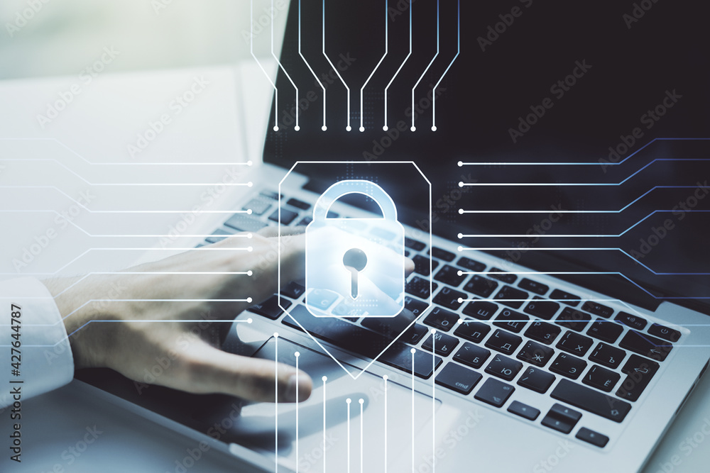 Leinwandbilder creative lock illustration with microcircuit and hands typing on computer keyboard on background, cy