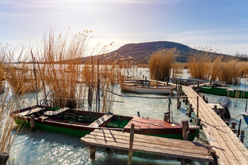 Lake Balaton with a boat in the reed Badacsony hill background