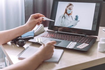 Online Medical insurance. telemedicine, telehealth,patient enters into a contract policy for medical care online, remotely. Medicine online in coronavirus covid 19, lockdown, quarantine.vaccination