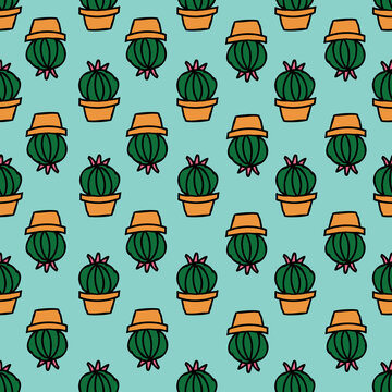 Vector green background cactus plant in pot, succulents seamless pattern. Seamless pattern background