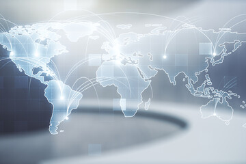 Abstract graphic digital world map hologram with connections on modern interior background, globalization concept. Multiexposure
