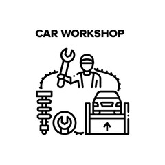 Car Workshop Vector Icon Concept. Repairman Holding Wrench Tool And Working In Car Workshop, Vehicle Repair Station For Fixing Transport On Lift Equipment. Mechanic Maintenance Black Illustration