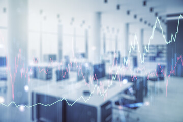Abstract virtual financial graph hologram on a modern furnished classroom background, financial and...
