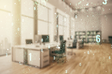 Multi exposure of abstract programming language hologram and world map on a modern furnished office interior background, artificial intelligence and neural networks concept