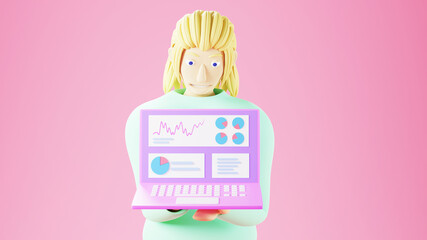 3D render of a woman and notebook. Business online and e-commerce on web shopping concept. Secure online payment transaction with smartphone.