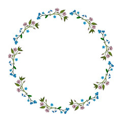 Round frame with cute flowers forget-me-not and sakura branches on white background. Doodle style. Vector image.