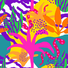 Bright Leaves and Doodles Asian Vector Seamless Pattern. Green and Orange Trendy Jungle Animal and Floral Swimsuit Print. Spring Wallpaper.