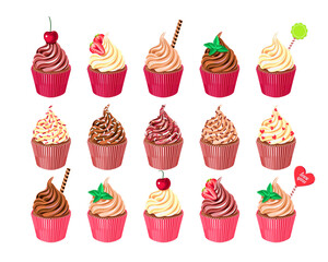 big set of chocolate, vanilla and coffee cupcakes with cherry, strawberry, mint, waffle and sprinkles. vector illustration