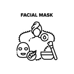 Facial Mask Vector Icon Concept. Facial Mask Beauty Salon Treatment. Face Skincare Cosmetic With Aloe Vera Bio Plant. Accessory For Moisturizing Skin, Natural Product Black Illustration