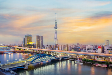 Fototapeta na wymiar Cityscape of Tokyo skyline, panorama view of office building at Sumida river in Tokyo in the evening. Japan, Asia.
