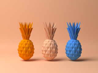 Low poly model of pineapple in bright colors. 3d illutration.