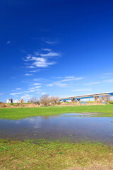 Obraz premium 春の雨上りの江戸川河川敷と流山橋風景