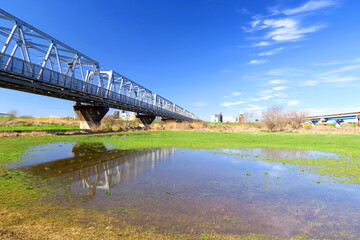 春の雨上りの江戸川河川敷と武蔵野線鉄橋風景