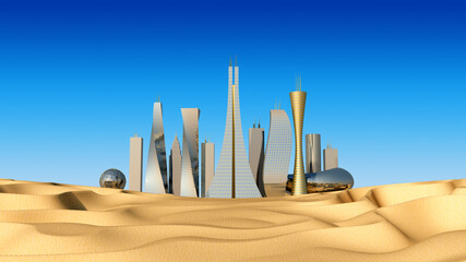 Modern city in desert. Sand dunes and high glass buildings. 3d rendering illustration. High resolution.