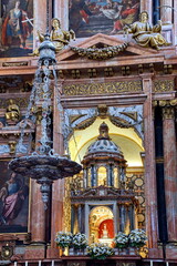 Interior view of La Mezquita Cathedral in Cordoba Spain. The cathedral was built inside of the former Great Mosque. Popular tourist destination in Spain.
