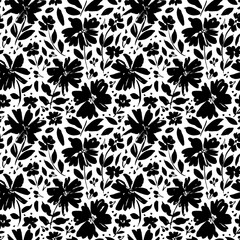 Brush flower vector seamless pattern. Hand drawn botanical ink illustration with floral motif. Chamomile or daisy painted by brush. Hand drawn black print for fabric, wrapping paper, wallpaper design