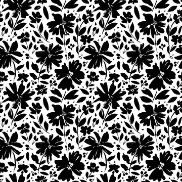 Brush flower vector seamless pattern. Hand drawn botanical ink illustration with floral motif. Chamomile or daisy painted by brush. Hand drawn black print for fabric, wrapping paper, wallpaper design