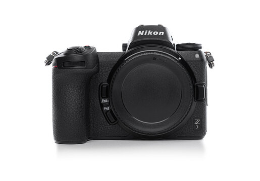 Nikon Z7 first mirrorless camera without a lens from the Nikon company on a white background.