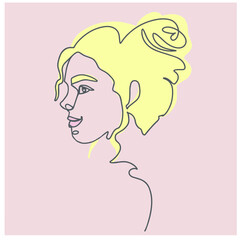 Modern young woman portrait , contemporary female face. Trendy fashion illustration, abstract minimalist style.  Beautiful girl drawing illustration.Hand drawn beauty poster. 