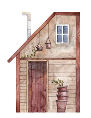 Wooden cabin illustration. House front view. Watercolor hand painted facade