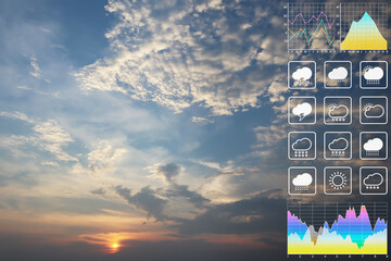 Environment data symbol forecast for meteorology presentation and report background with twilight sky and silhouette  clouds on beautiful freshness morning sunrise. © ekapolsira