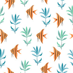 Naklejka premium Seamless watercolor Fish pattern. Underwater background. Hand drawn seaweeds and angelfish