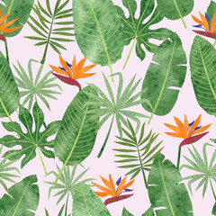 Seamless tropic pattern with watercolor strelitzia flowers and leaves. Vector tropical background