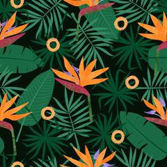 Seamless tropic pattern with strelitzia flowers and leaves. Vector tropical background