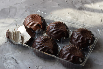 chocolate marshmallows in plastic packaging