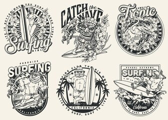 Vintage monochrome surfing badges - obrazy, fototapety, plakaty