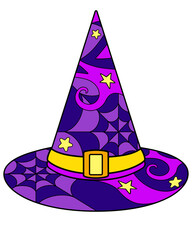 Witch hat - vector linear color illustration. Halloween illustration with pointed hat - multicolored stained glass or batik. Picture for printing on glass and other transparent materials. mosaic