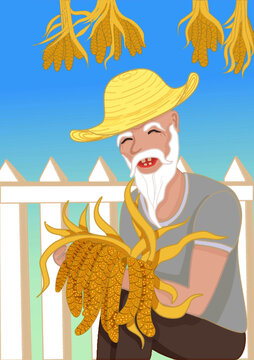Farmers' vector illustration of bumper harvest with blue background