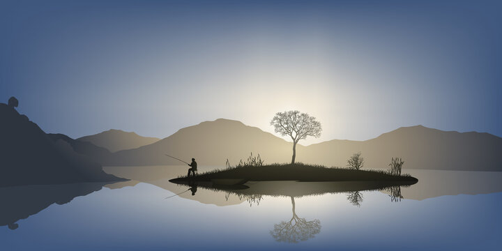 Concept du calme et de la tranquillité avec un homme qui pèche à la ligne, sur une petite île au milieu d’un étang, entouré de montagne.